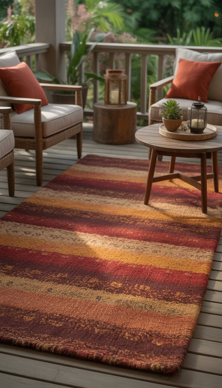 A cozy outdoor porch with a warm-toned plush rug, cushioned chairs, a small wooden table, and greenery in the background.