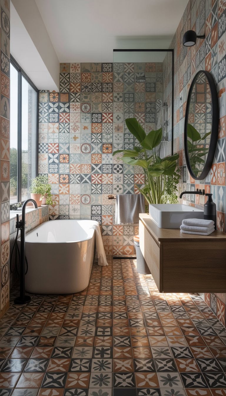A bright bathroom with a freestanding bathtub, wooden vanity, round mirror, and bold geometric patterned tiles on walls and floor.