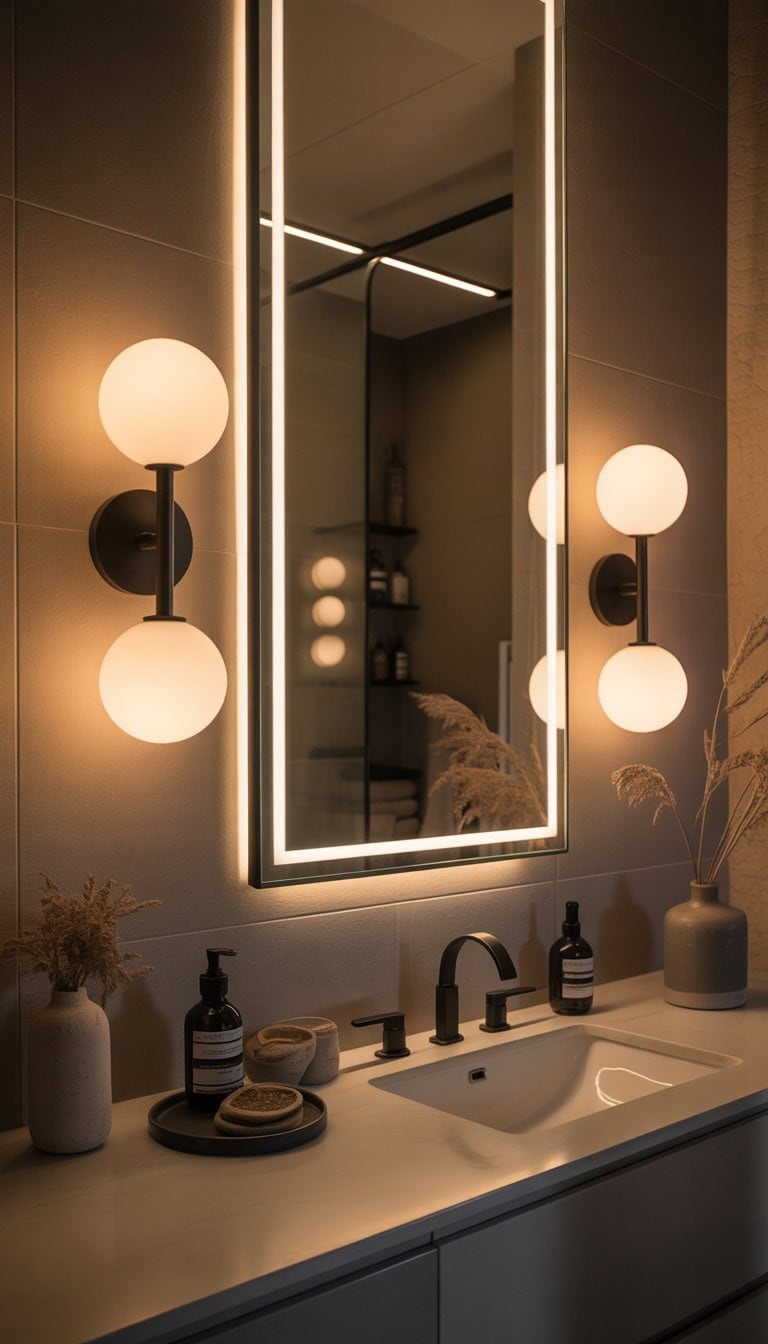 A modern bathroom with soft lighting from wall sconces and LED vanity lights illuminating a mirror and vanity area.