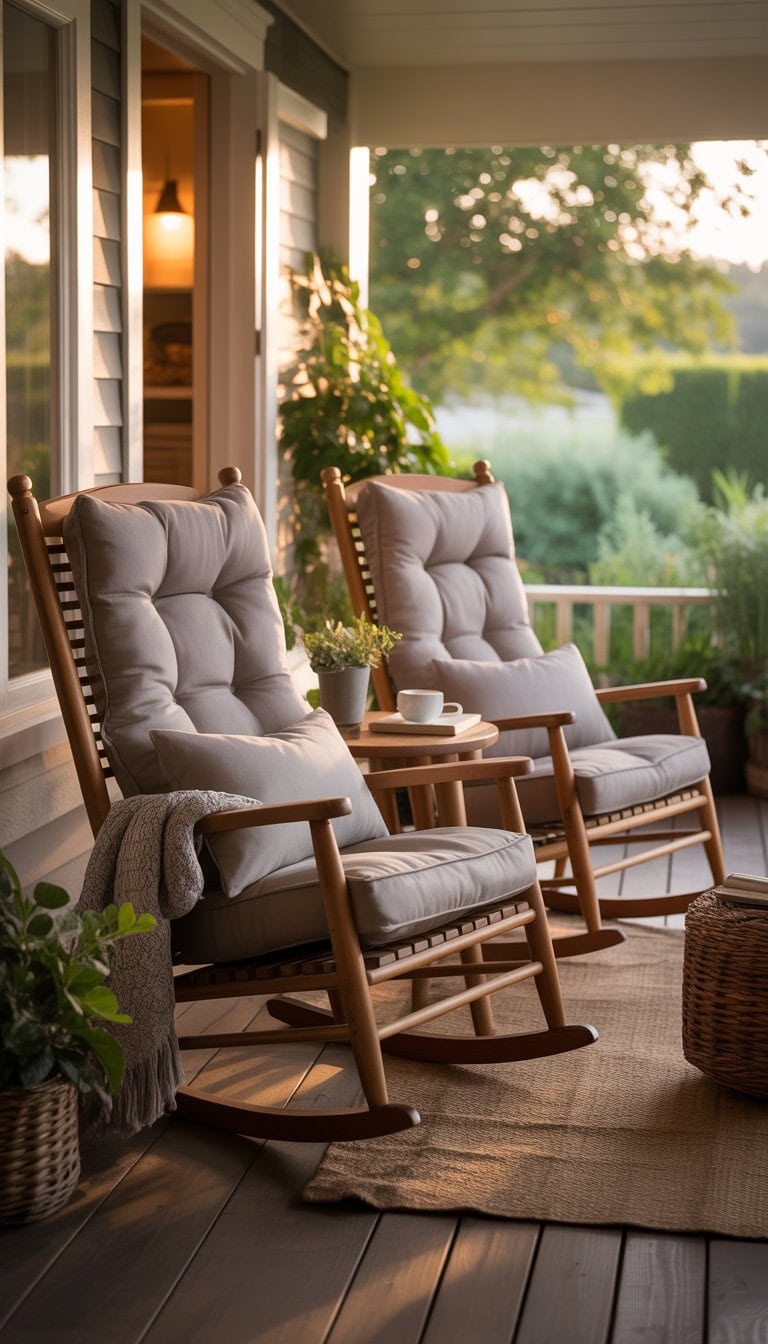 A porch with deep cushioned rocking chairs, plants, and a small table in a peaceful outdoor setting.