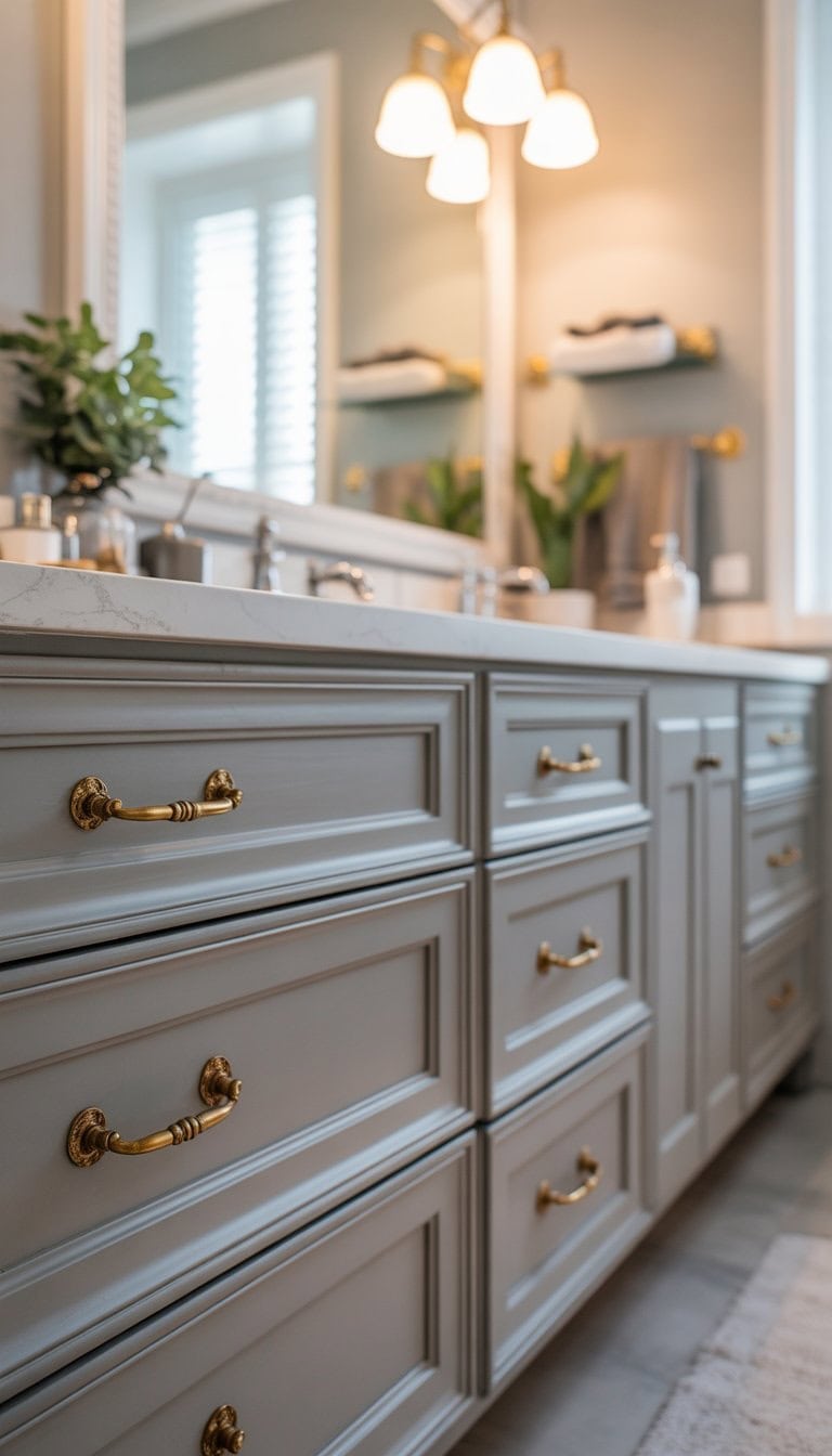 A bathroom vanity with drawers fitted with antique brass pulls, a large mirror, and decorative elements in a clean and bright bathroom.