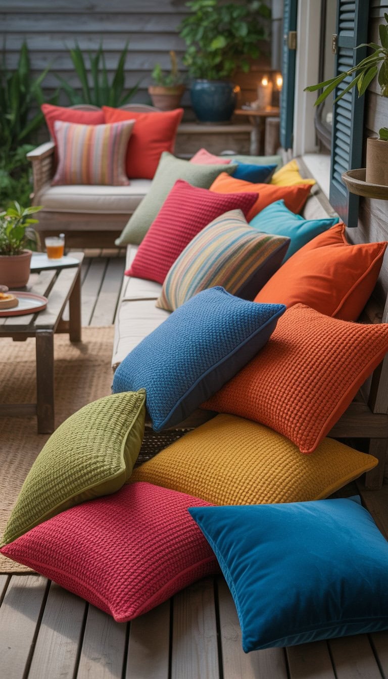 A cozy porch with colorful throw pillows of different textures scattered on wooden seating surrounded by plants and a small table.