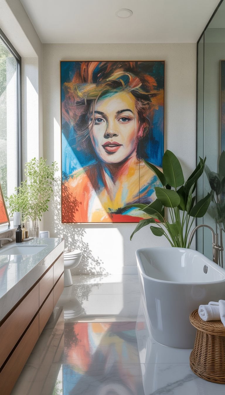 A spacious bathroom with a large colorful abstract painting above a freestanding bathtub, bright natural light, marble countertops, and green plants.
