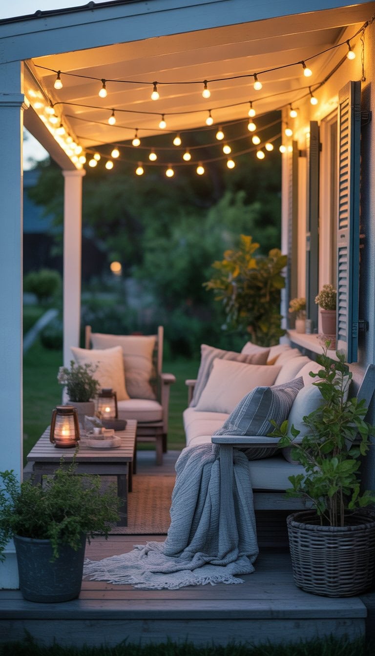 A cozy porch at dusk with warm string lights overhead, comfortable seating, plants, and soft lighting.