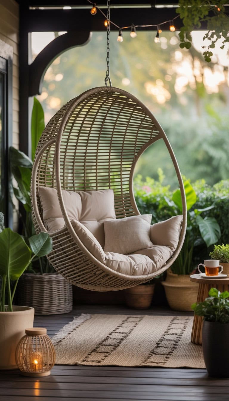 A cozy porch with a hanging wicker egg chair, cushions, plants, and a small side table.