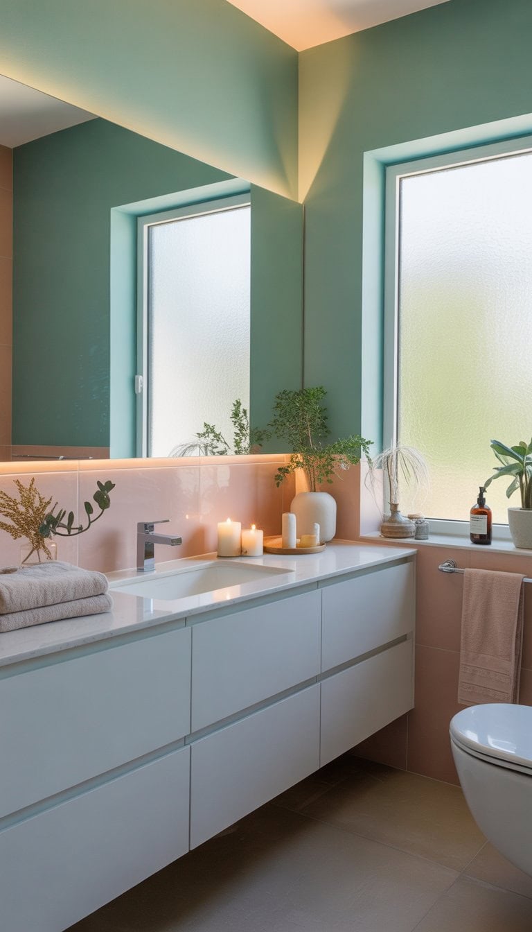 A bathroom with seafoam green and soft blush painted walls, a white vanity, mirror, plants, and natural light.