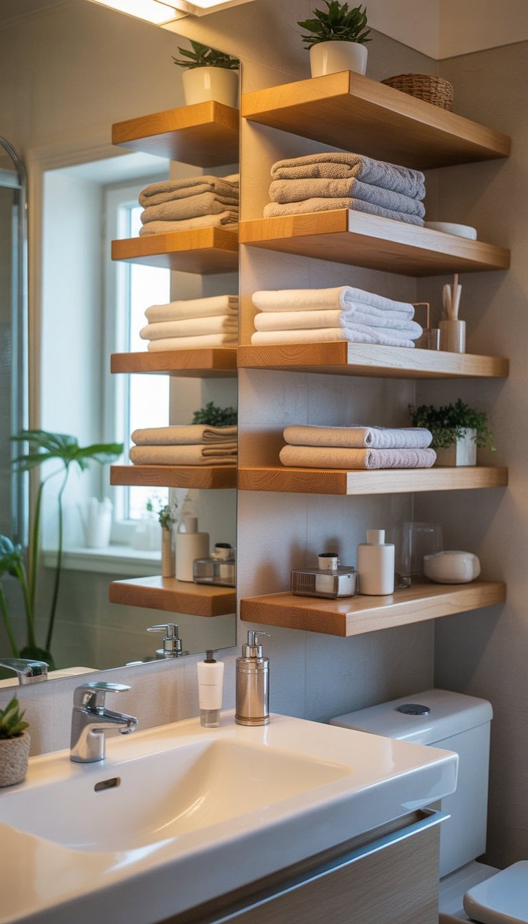 A modern bathroom with floating wooden shelves holding towels and plants above a white sink and mirror.