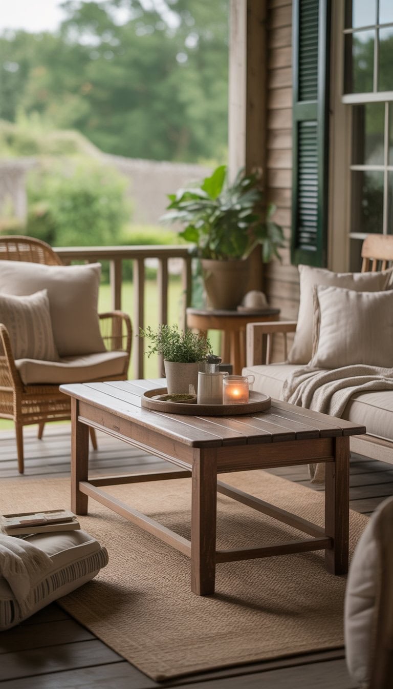 A cozy porch with a vintage wooden coffee table surrounded by comfortable seating and plants.