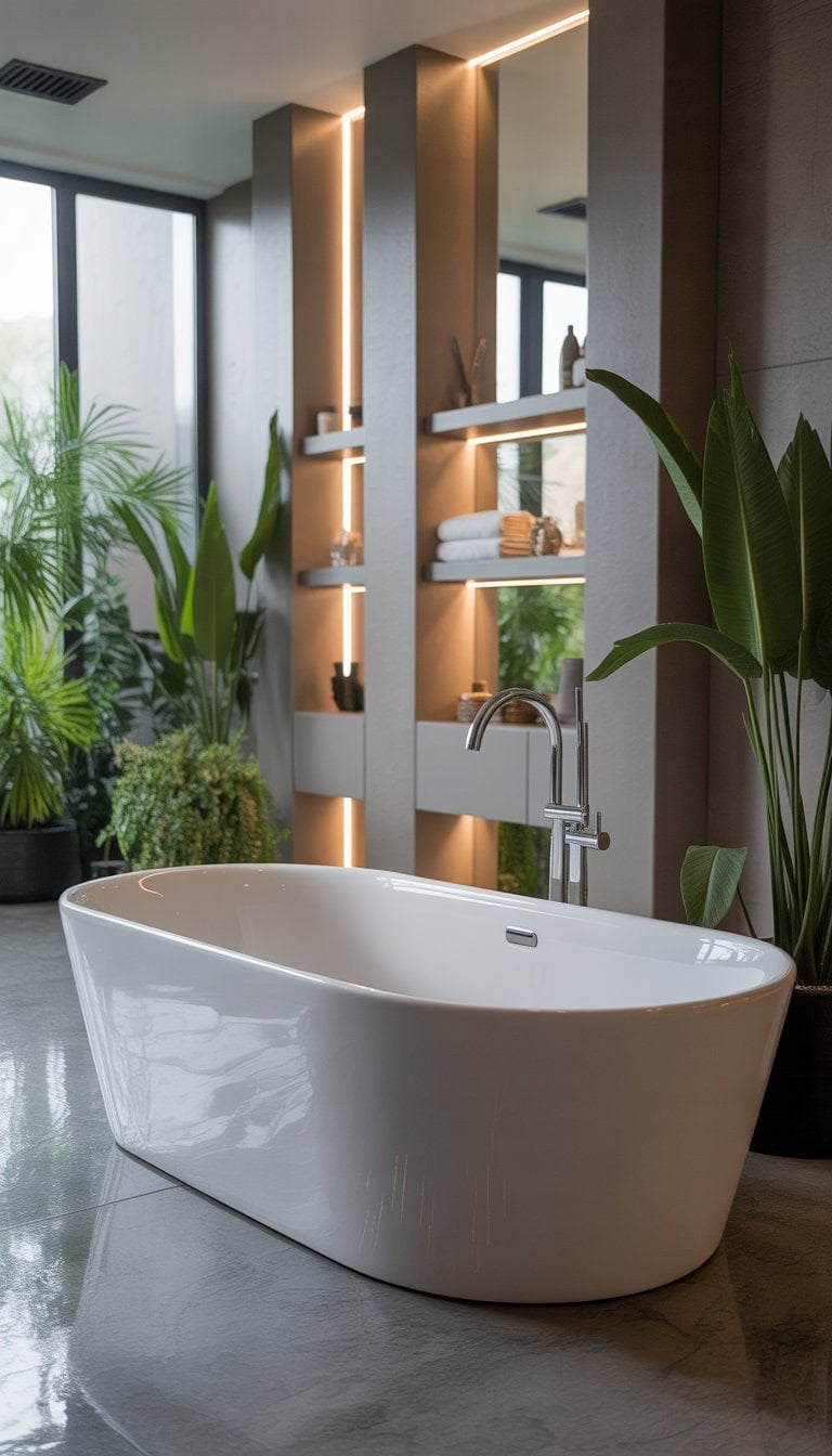 A bathroom with a freestanding bathtub surrounded by plants and bath accessories, illuminated by natural light from large windows.