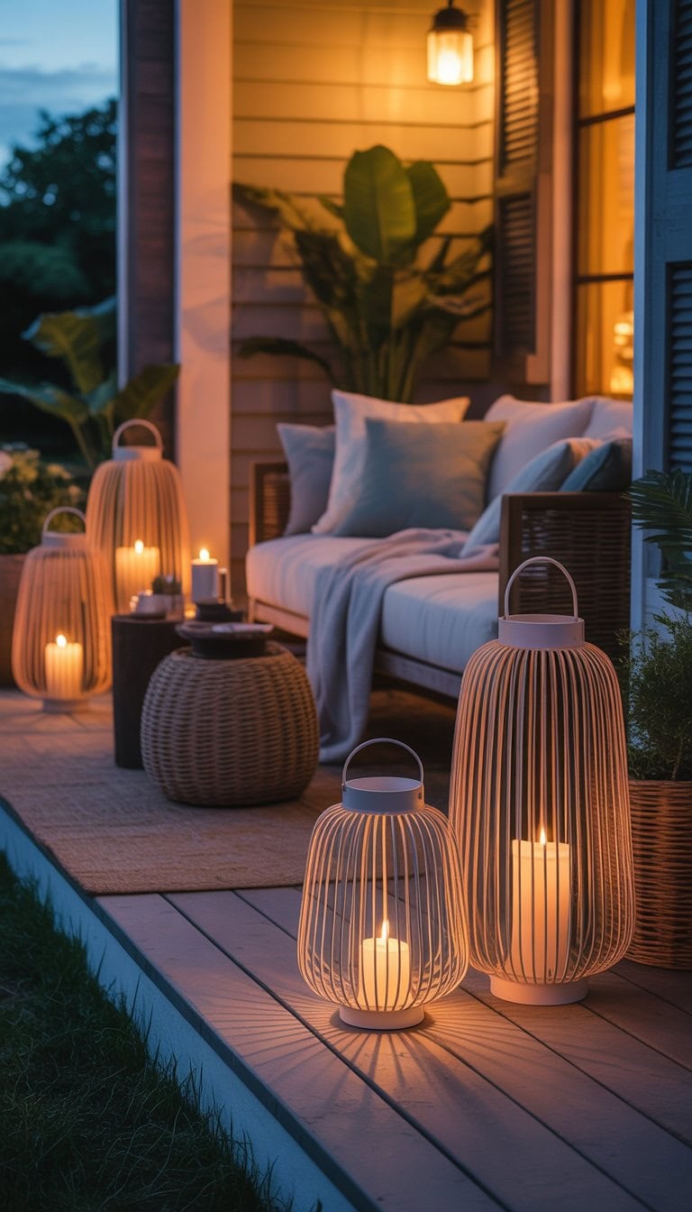 A cozy porch at dusk with lanterns containing LED candles, comfortable seating, and plants creating a warm and inviting atmosphere.