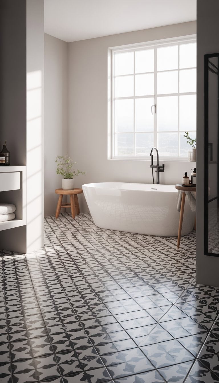 A bright bathroom with a white bathtub, black and white patterned floor tiles, and a small plant on a wooden stool.