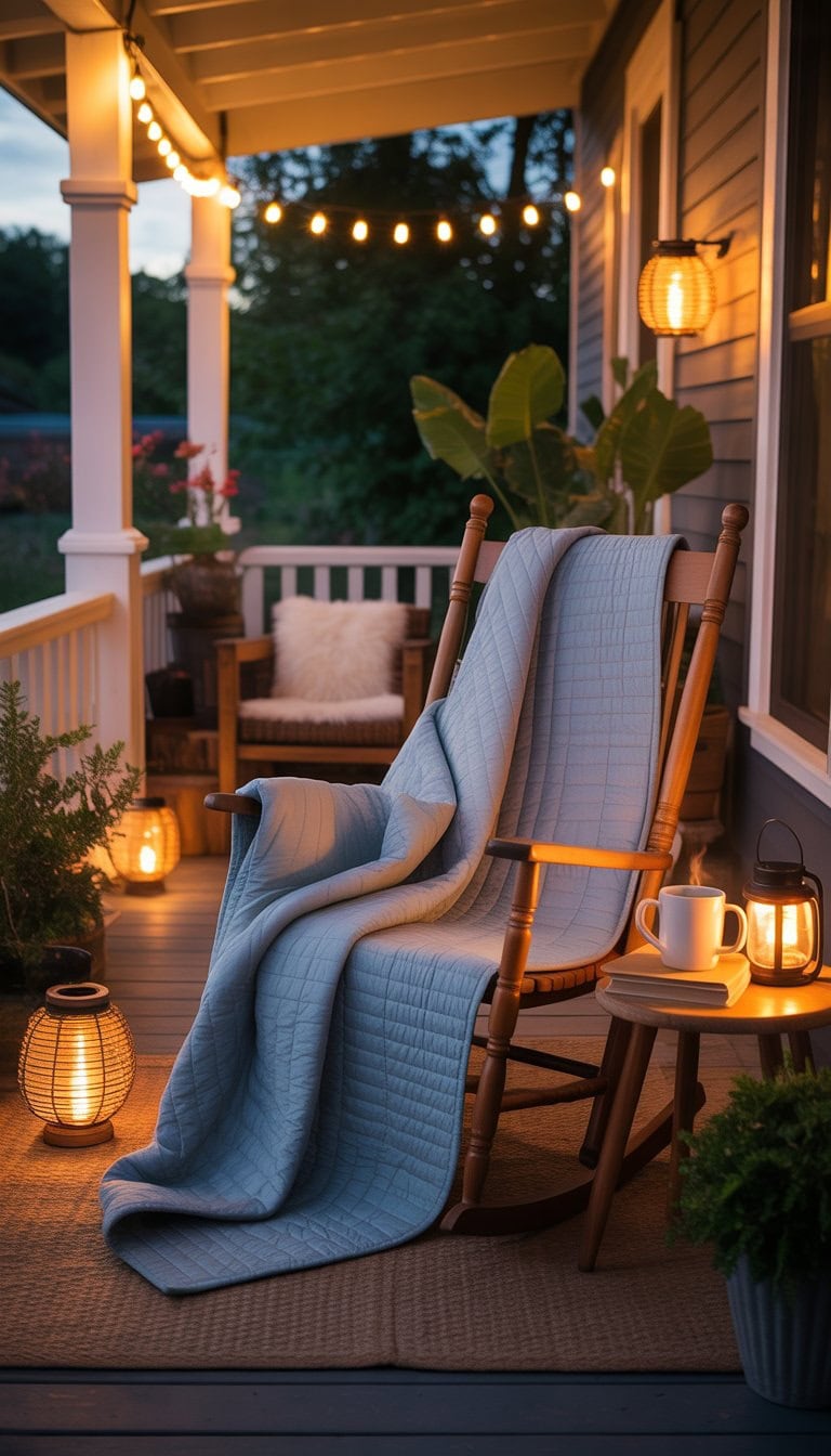 A cozy porch with a quilt draped over a rocking chair, warm lights, plants, and a small table with a mug and books.