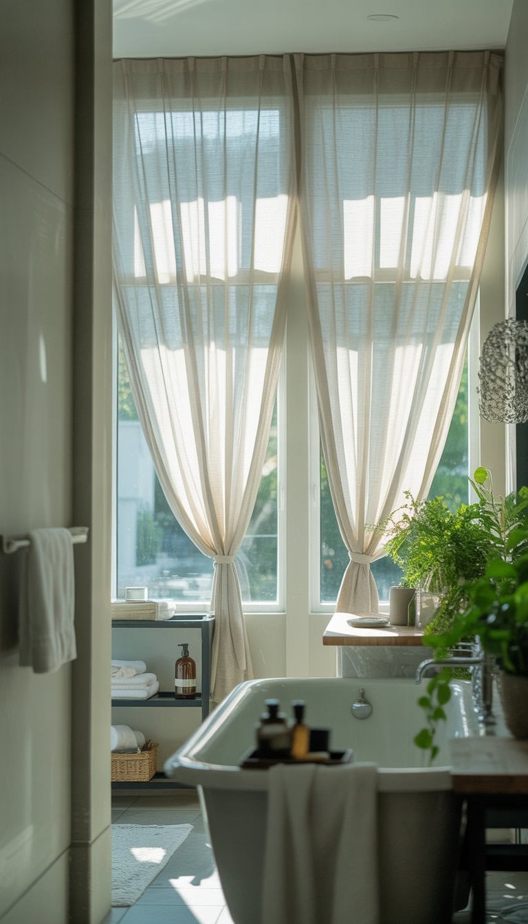 Bathroom with large windows covered by sheer curtains allowing soft natural light to fill the space, featuring a bathtub, plants, and clean decor.