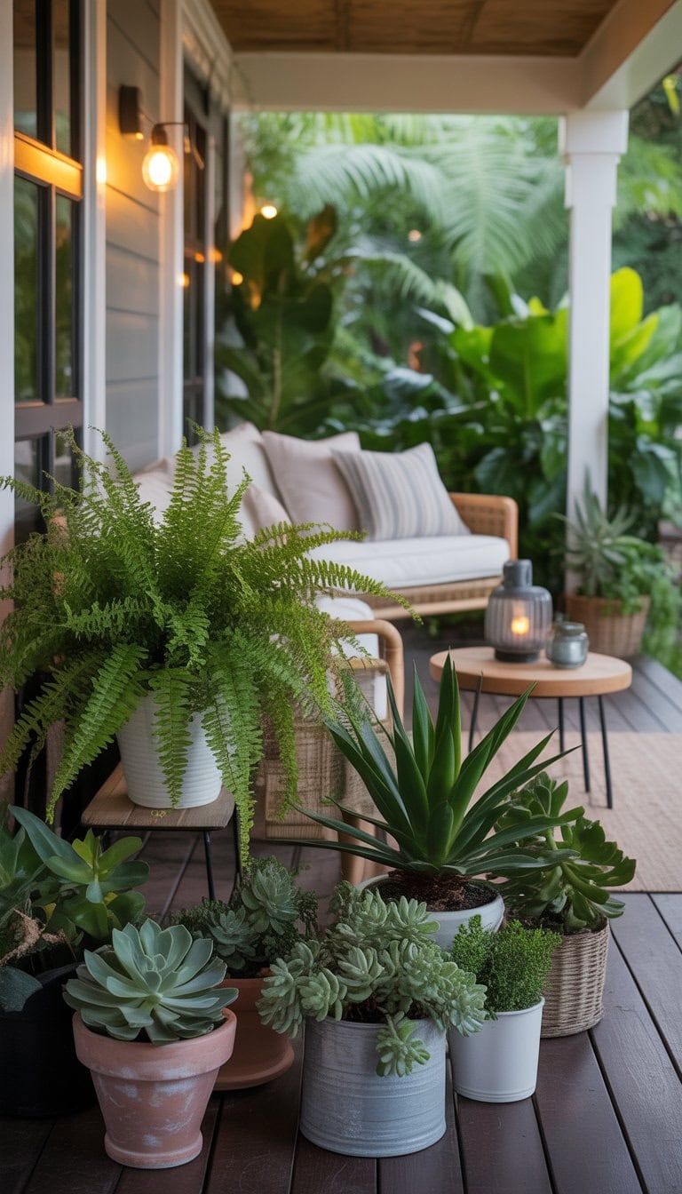 A cozy porch with potted ferns and succulents arranged around comfortable seating and wooden flooring.