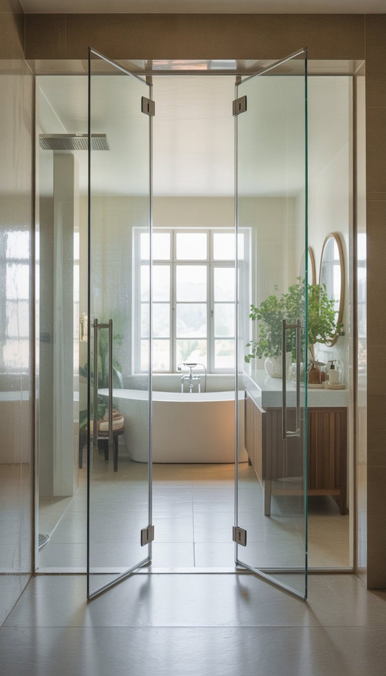 A bright bathroom with open glass shower doors, a bathtub, wooden vanity, and plants.