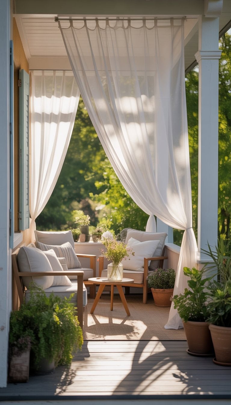 Outdoor porch with sheer white curtains flowing in the breeze, cozy seating, and surrounding plants.