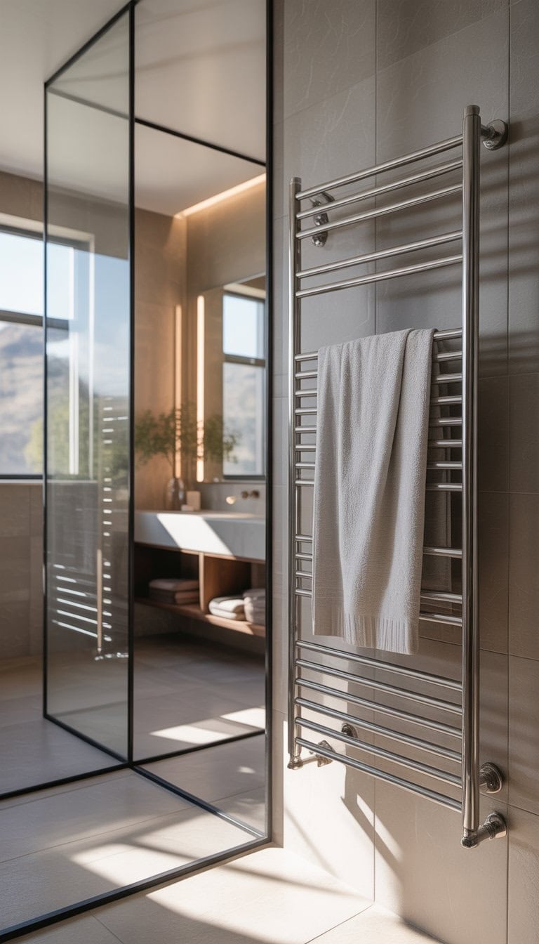 A bright bathroom with a heated towel rack holding white towels next to a glass shower and a vanity with a mirror.