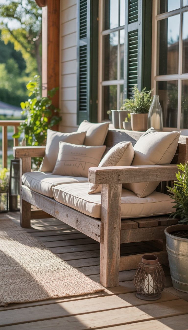 A reclaimed wood bench with cushions on a porch surrounded by plants and decorative items.
