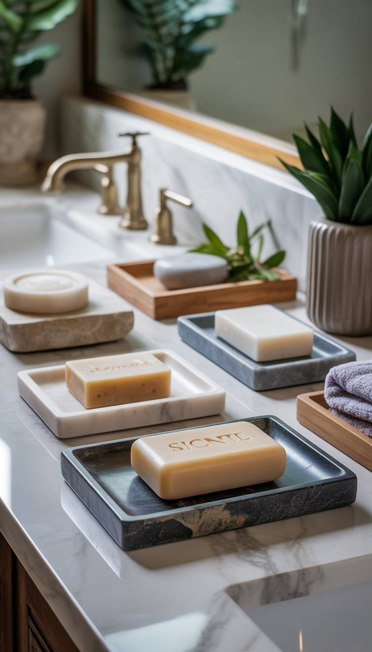 A bathroom countertop with natural stone soap dishes and trays holding soaps, surrounded by plants and towels.