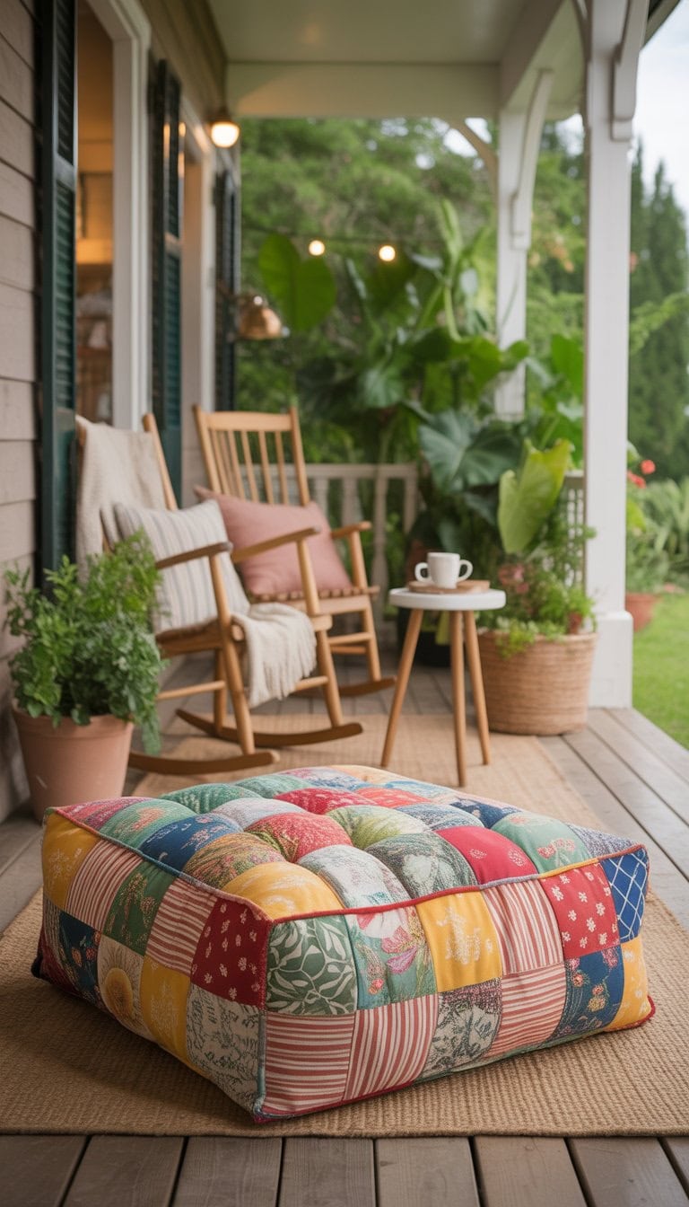 A cozy porch with a colorful patchwork pouf on the wooden floor surrounded by cushions, plants, and outdoor furniture.