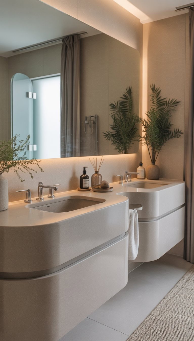 A bright bathroom with rounded edge countertops and vanities, a large mirror, and decorative plants.