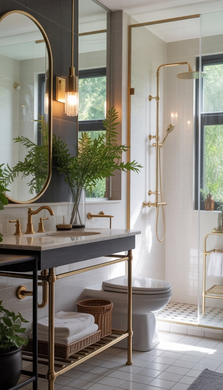 A modern bathroom with brass and chrome fixtures, a large mirror, marble countertop, and green plants.