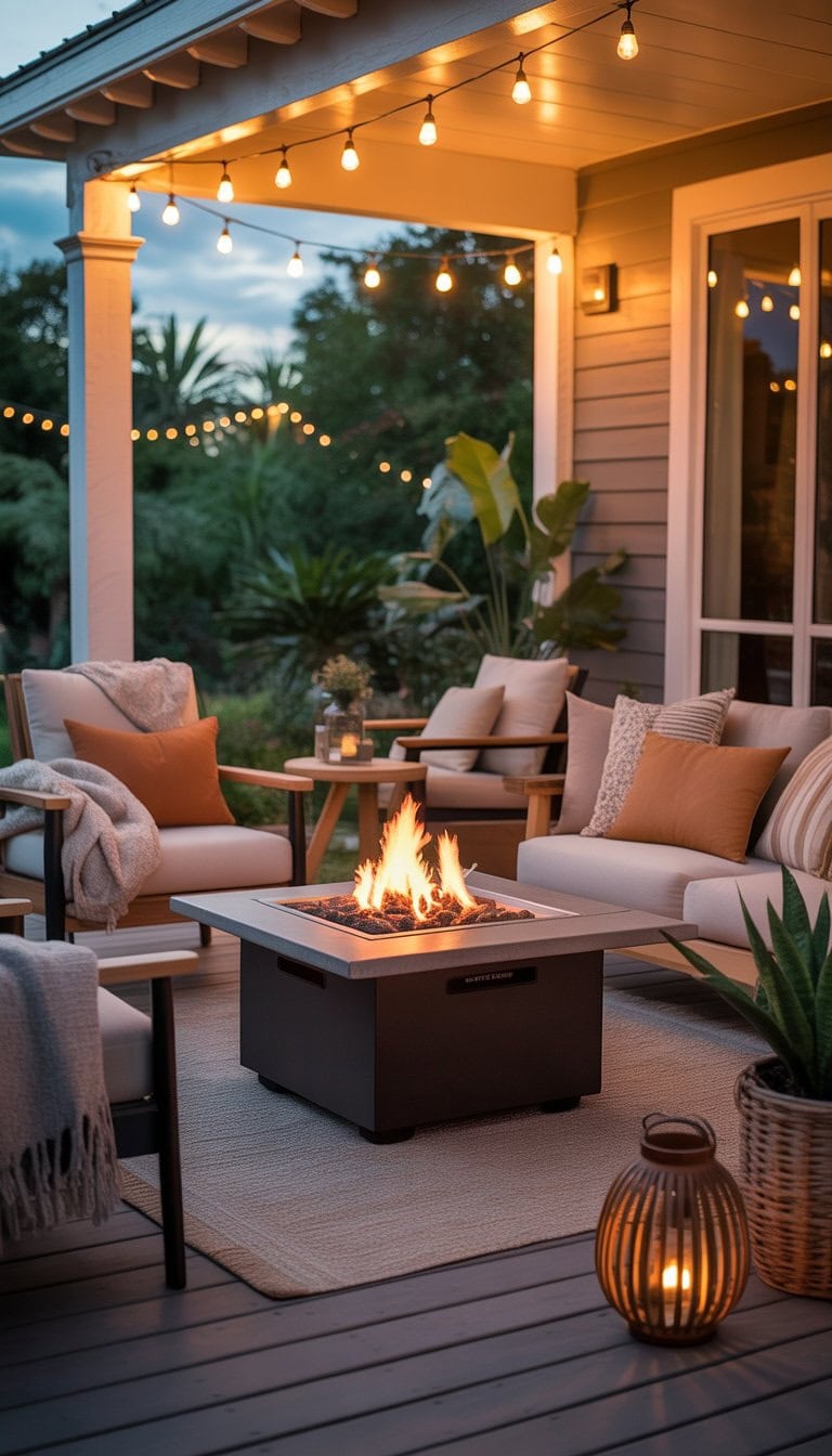 A cozy porch with a fire pit table surrounded by cushioned chairs, warm lighting, and decorative plants.