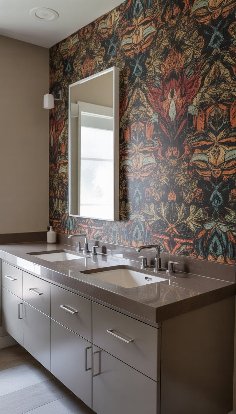 A bathroom with a vanity in front of a bold patterned wallpaper accent wall.