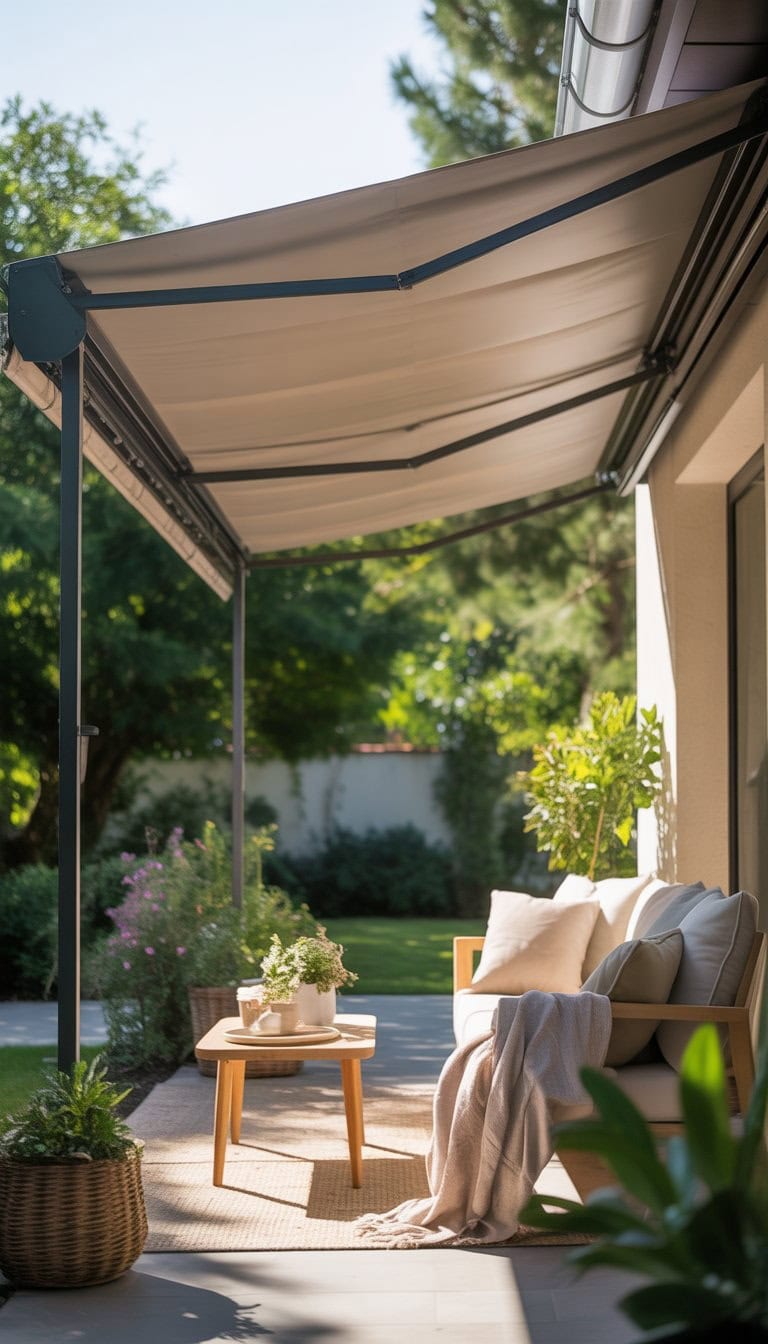 A cozy porch with a retractable canopy extended, shaded seating, and surrounding greenery.