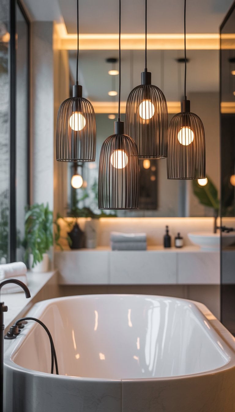 A bathtub with hanging pendant lights above it in a bright and clean bathroom.