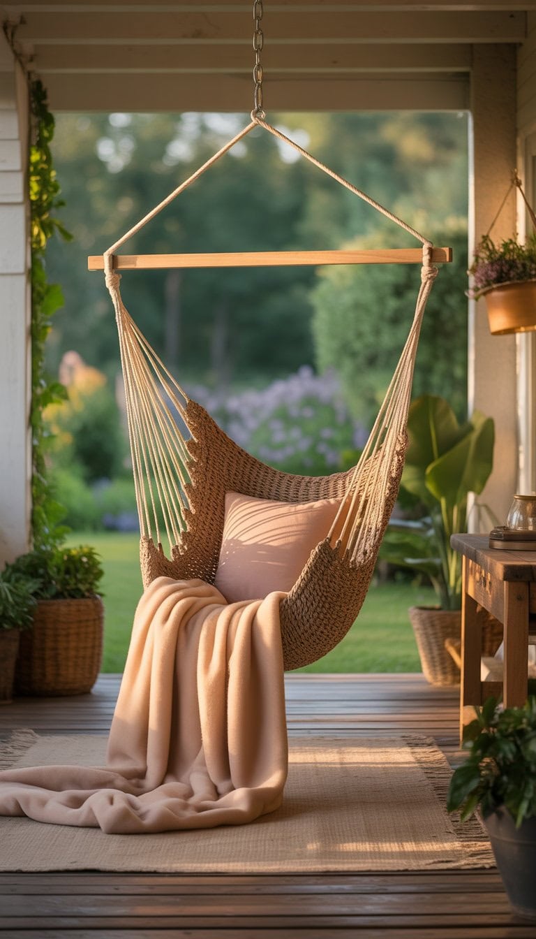 A hammock chair with a soft blanket on a porch surrounded by plants and wooden flooring.
