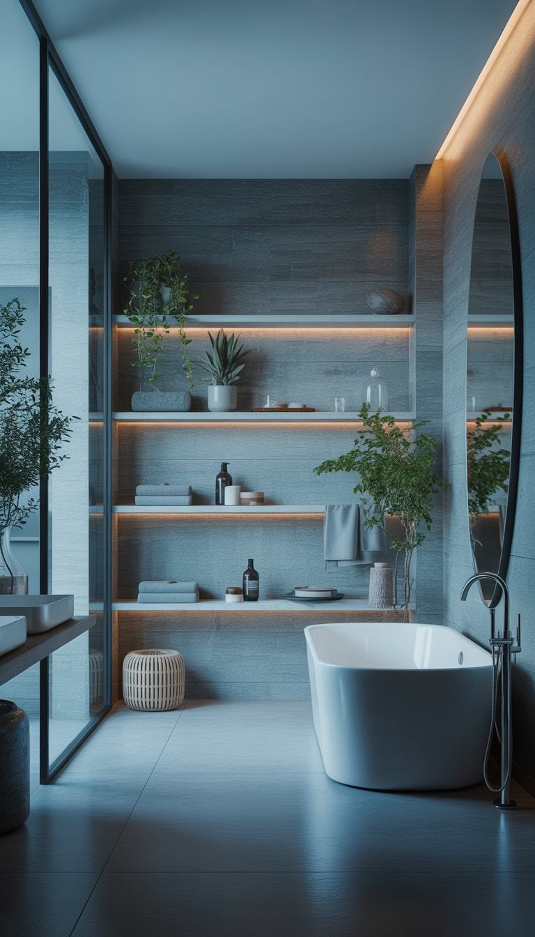 A modern bathroom with a freestanding bathtub, shelves with towels and plants, and soft lighting creating a calm atmosphere.