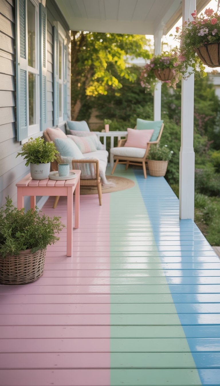 A cozy porch with freshly painted pastel-colored wooden floorboards, cushioned chairs, a small table with a plant, and hanging flower baskets.