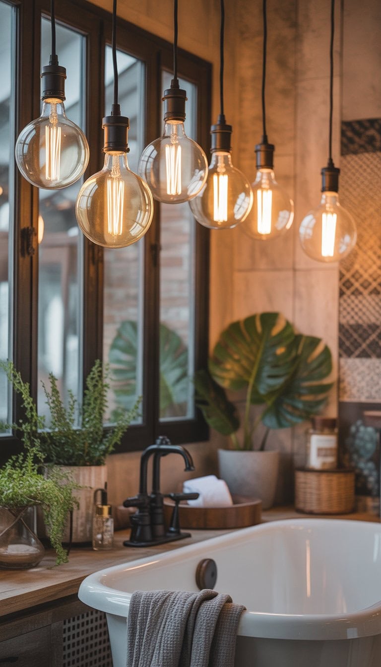 A modern bathroom with a bathtub, plants, and warm glowing light bulbs creating a cozy atmosphere.