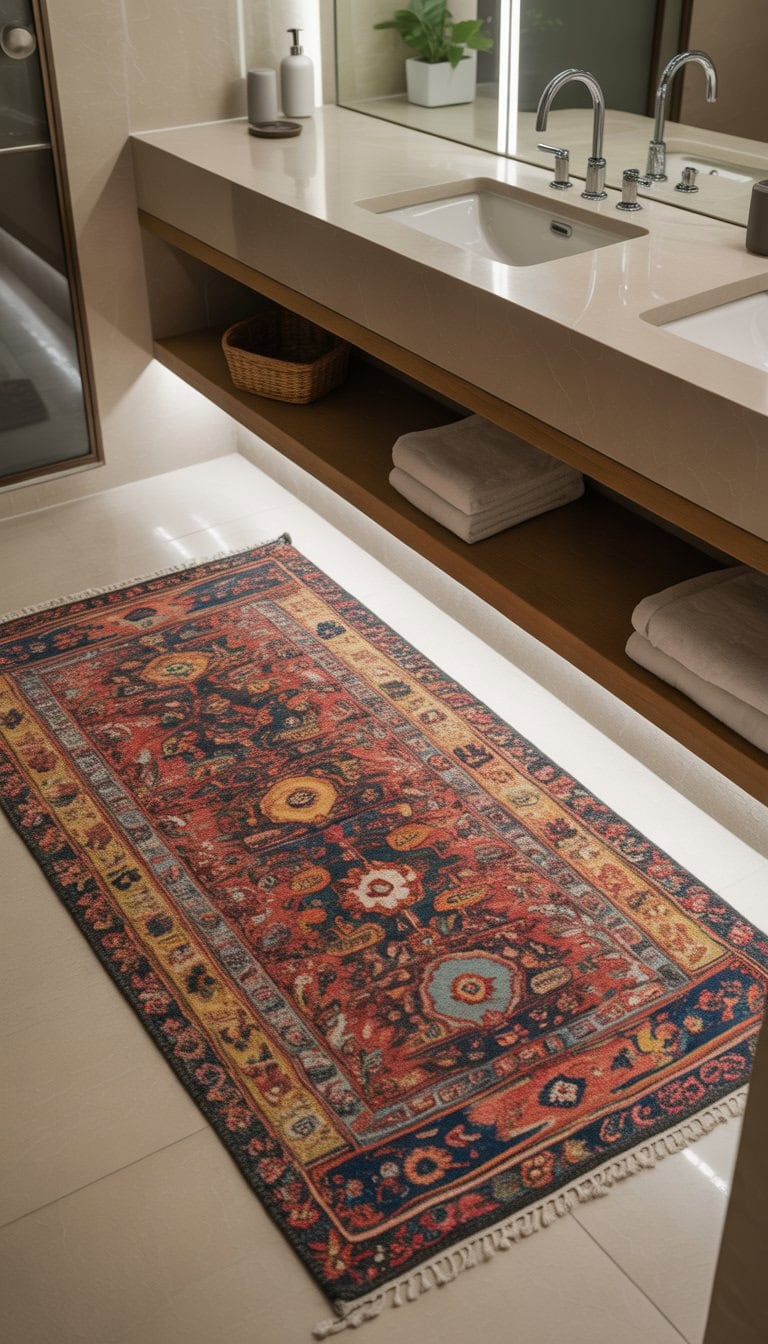 A bathroom with a sink and a colorful statement rug placed in front of it.