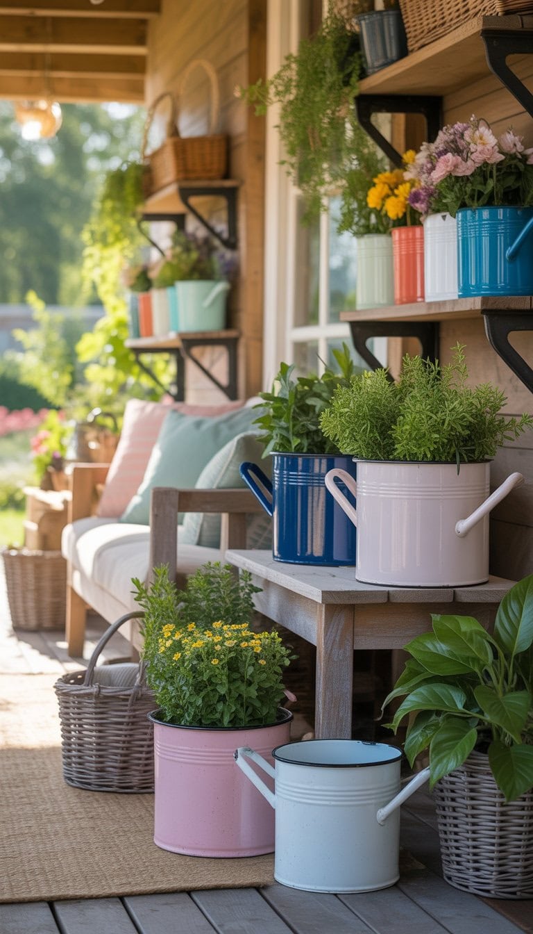 A porch with vintage enamelware planters filled with plants and flowers arranged on shelves and a bench.
