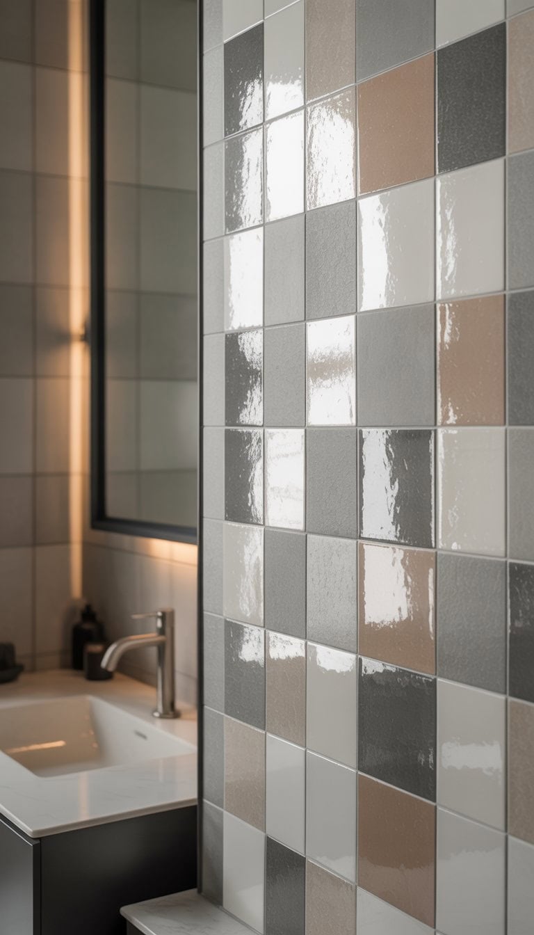 A modern bathroom wall with a mix of matte and glossy tiles, a sink with a chrome faucet, and a frameless mirror.