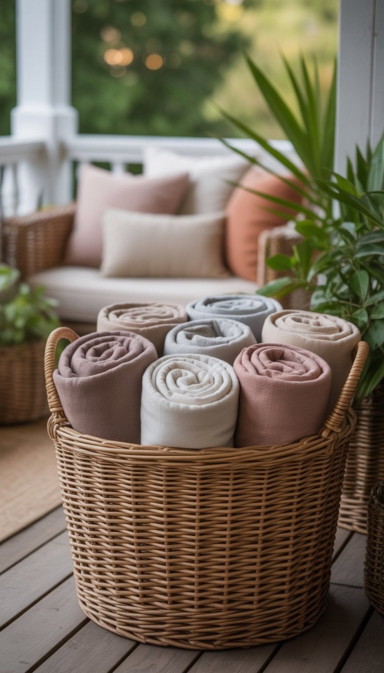 A basket of neatly rolled outdoor throws on a wooden porch surrounded by seating and plants.