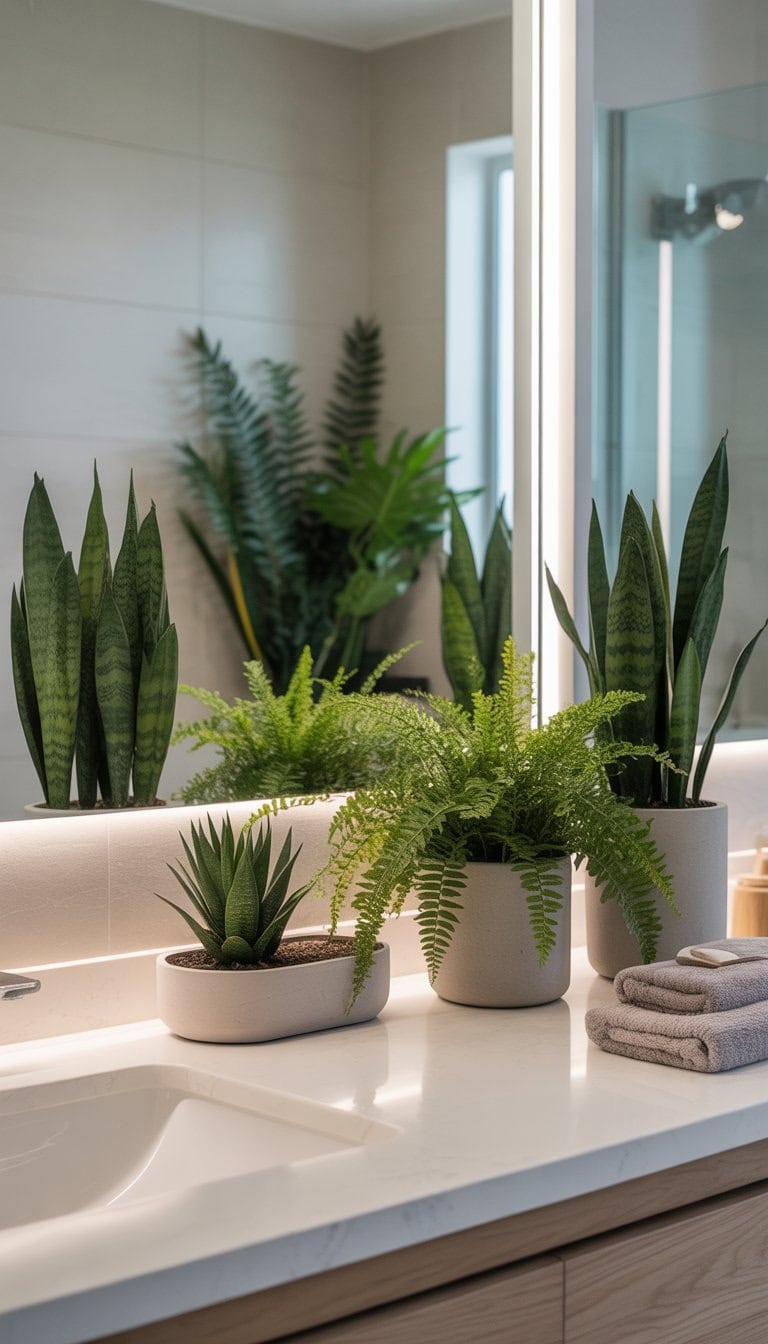 A bathroom with minimalist planters containing snake plants and ferns placed around a clean, bright space.