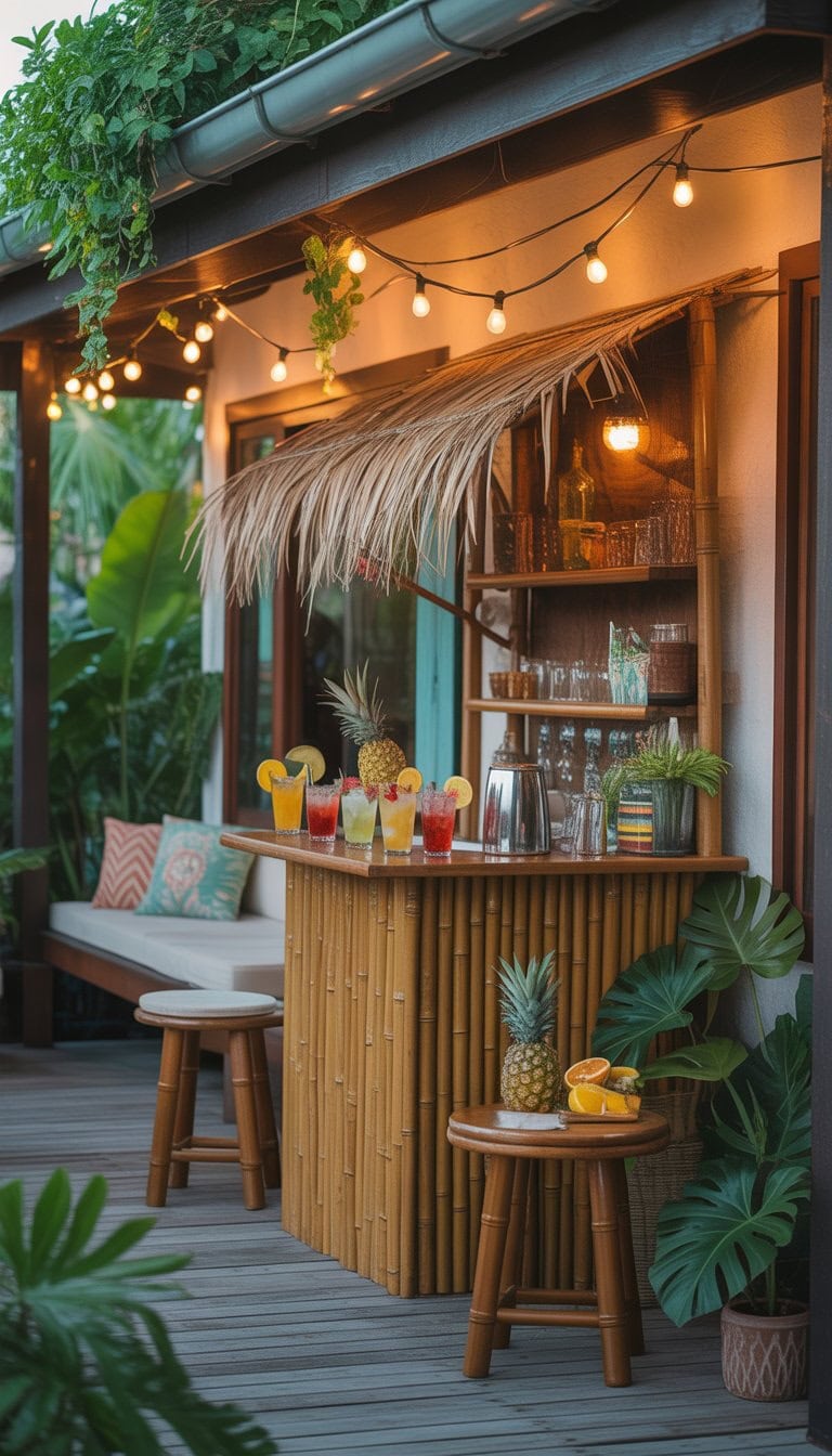 A small tiki bar corner on a porch with wooden flooring, tropical drinks, cushioned stools, and surrounding plants.