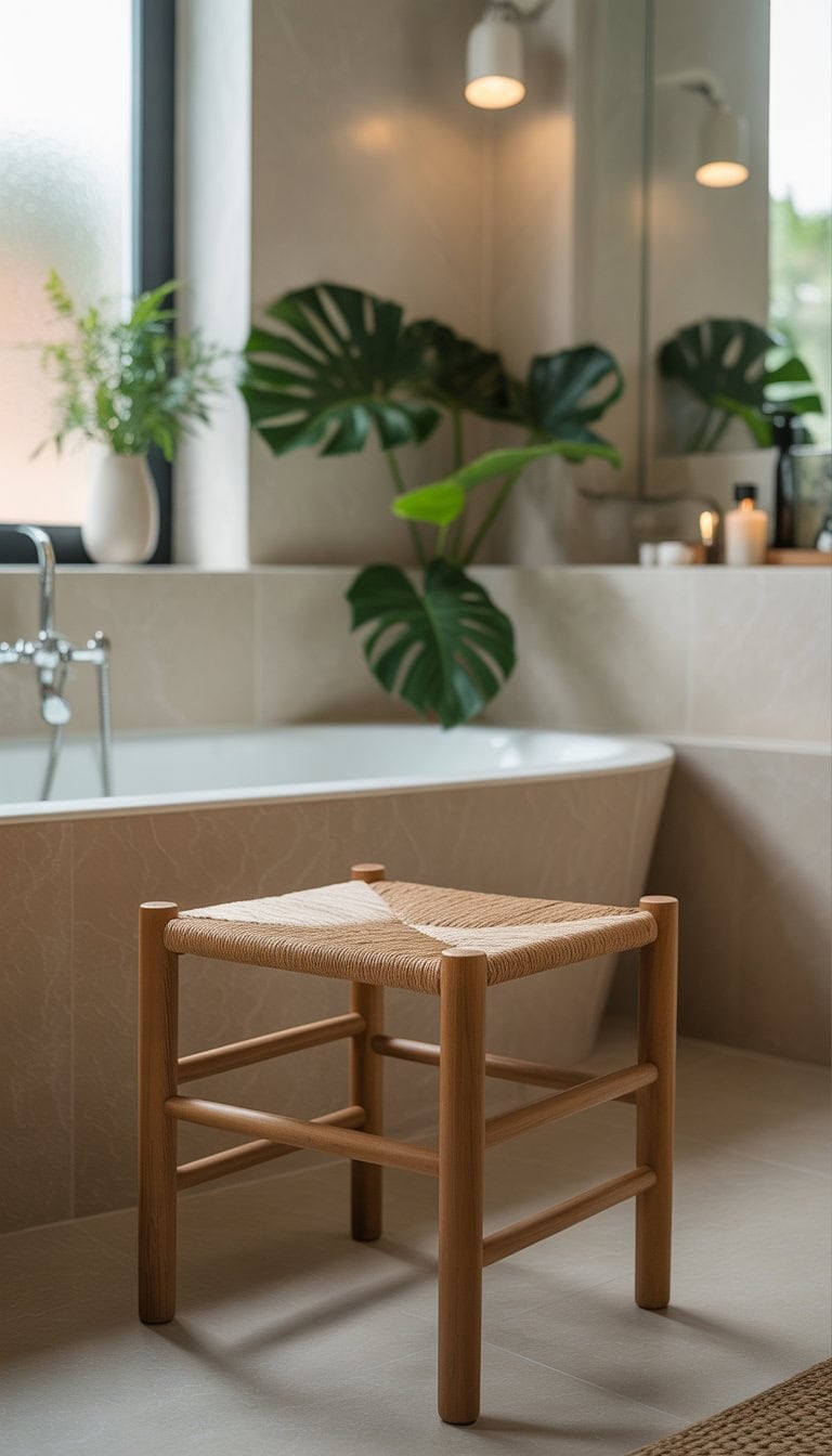 A bathroom with a small stool with a woven seat next to a bathtub surrounded by plants and modern fixtures.