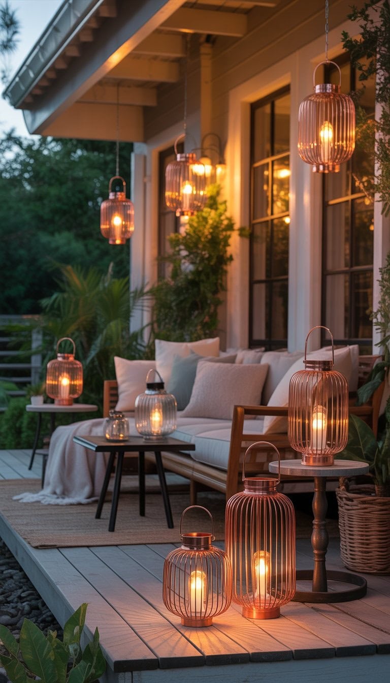 A cozy porch with copper and bronze lanterns glowing warmly, comfortable seating, and plants.