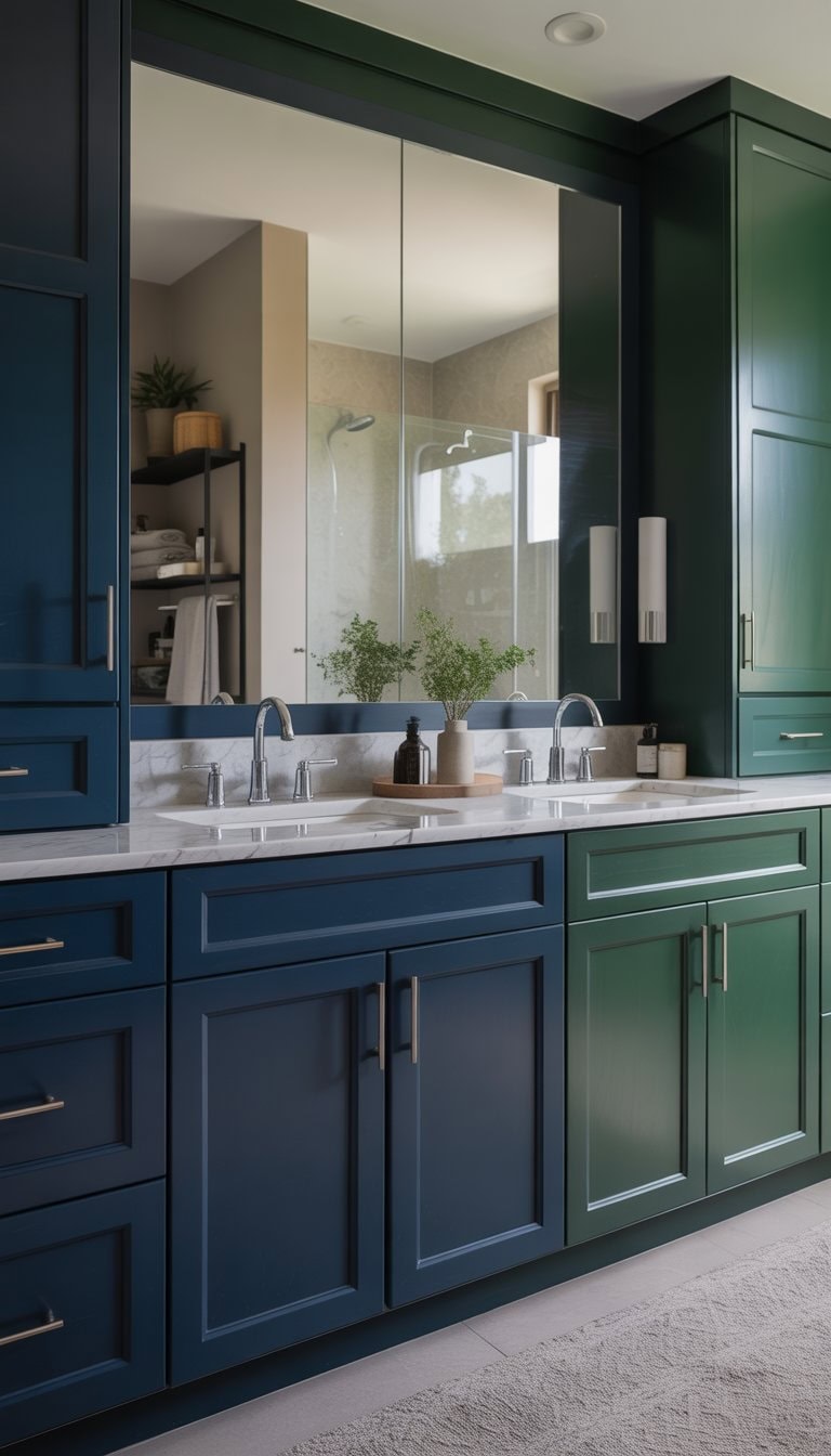 A bathroom with deep navy and forest green vanity cabinets, dual sinks, a large mirror, and minimal decor.