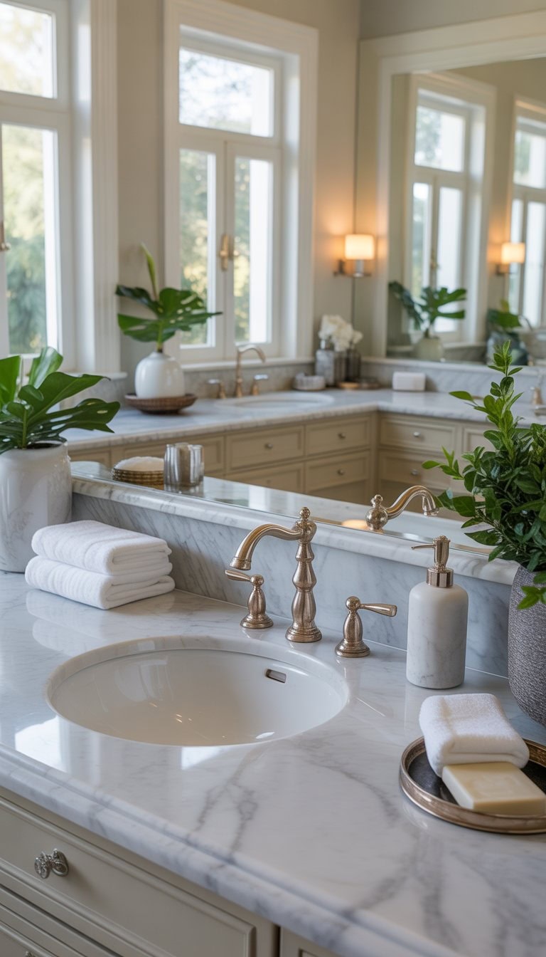A bright bathroom with marble countertops, a vessel sink, plants, and a large mirror.