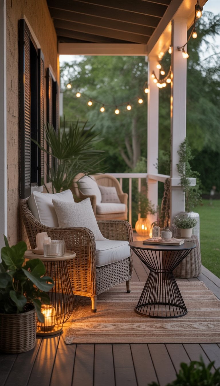 A cozy porch with wicker and metal furniture, cushions, plants, and soft lighting overlooking a garden.