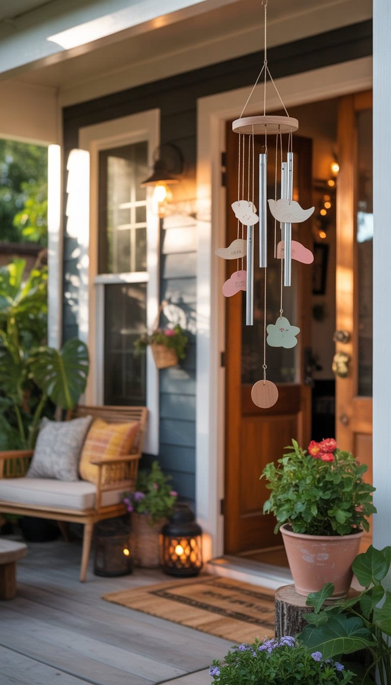 A cozy porch entrance with a whimsical wind chime hanging near the door, surrounded by plants and comfortable seating.