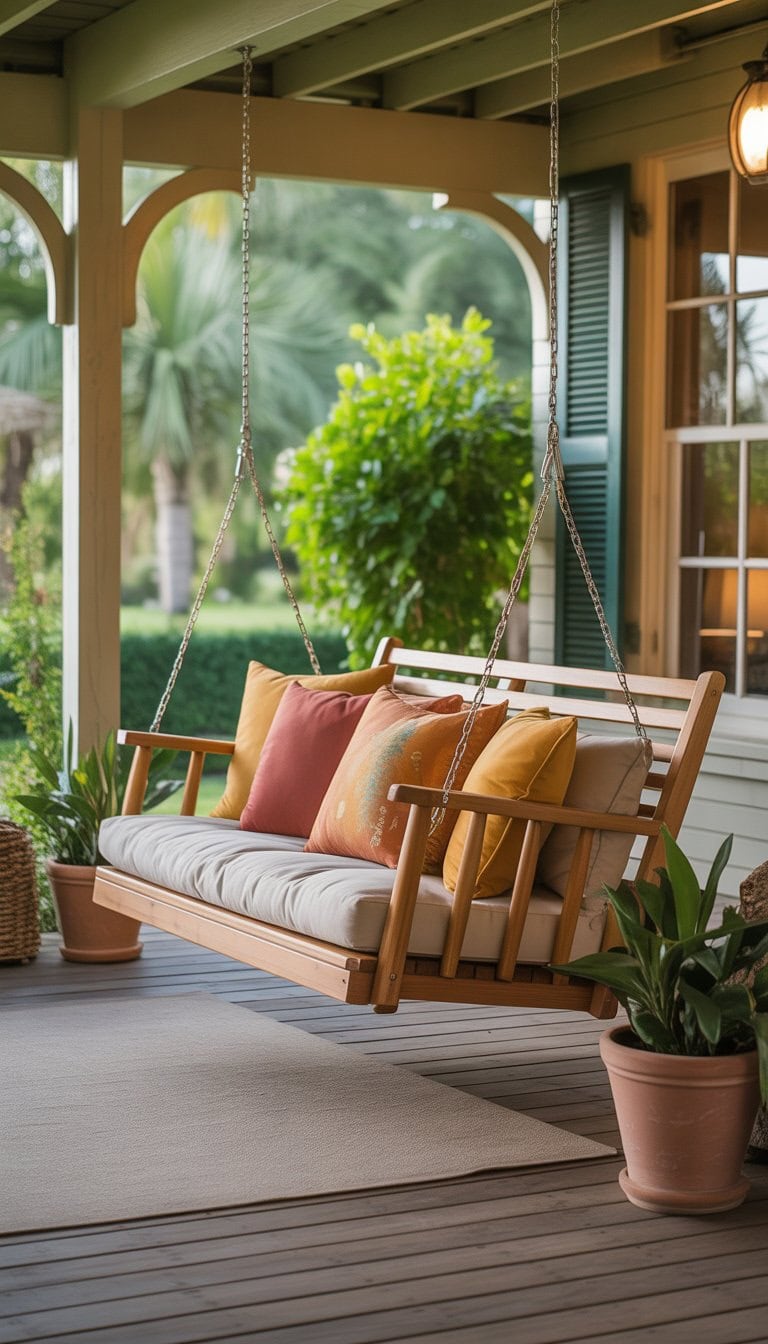 A wooden porch swing with plush pillows on a covered porch surrounded by plants and greenery.
