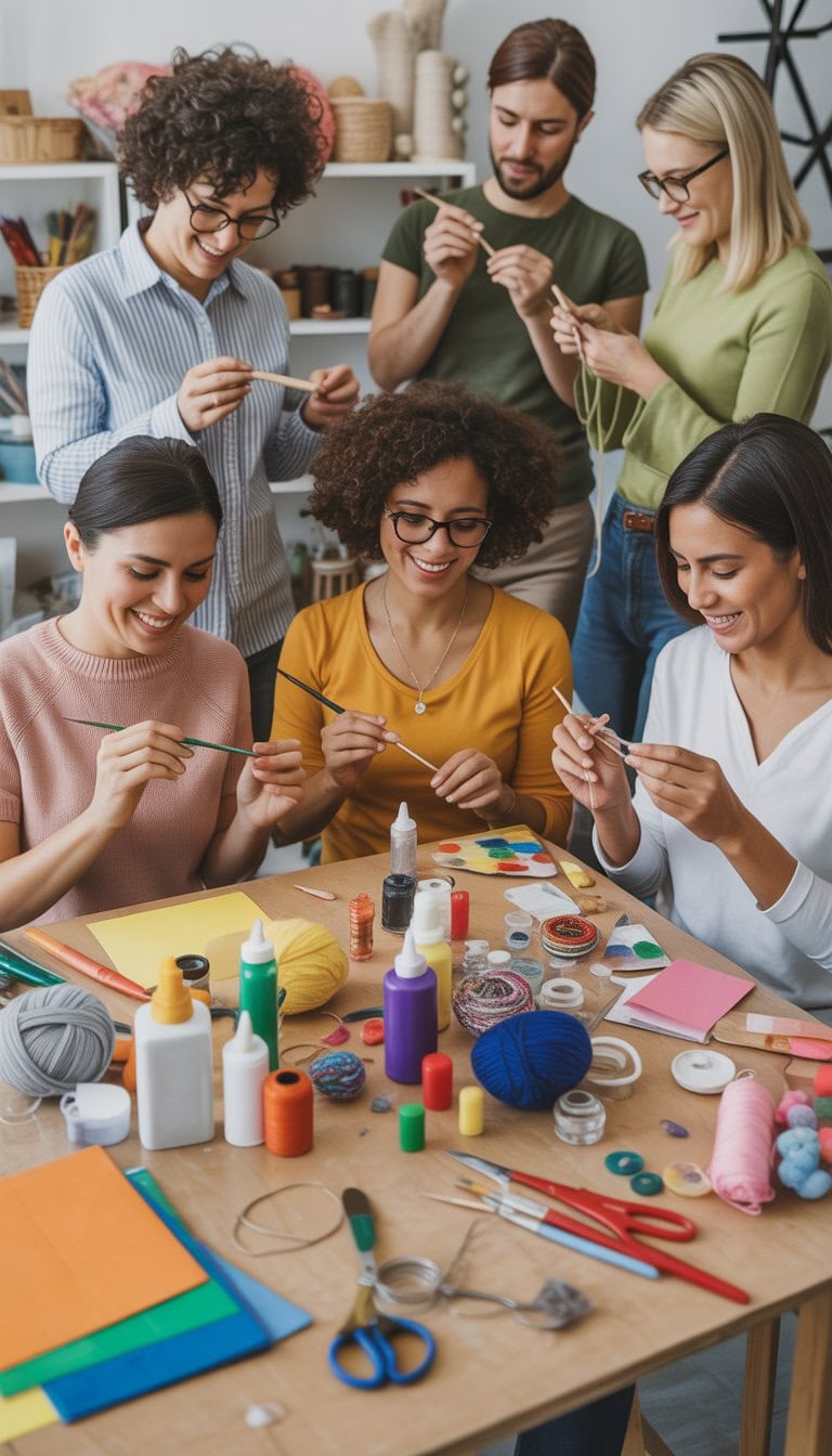 Adults gathered around a table creating various crafts using paint, yarn, beads, and paper in a bright, organized workspace.