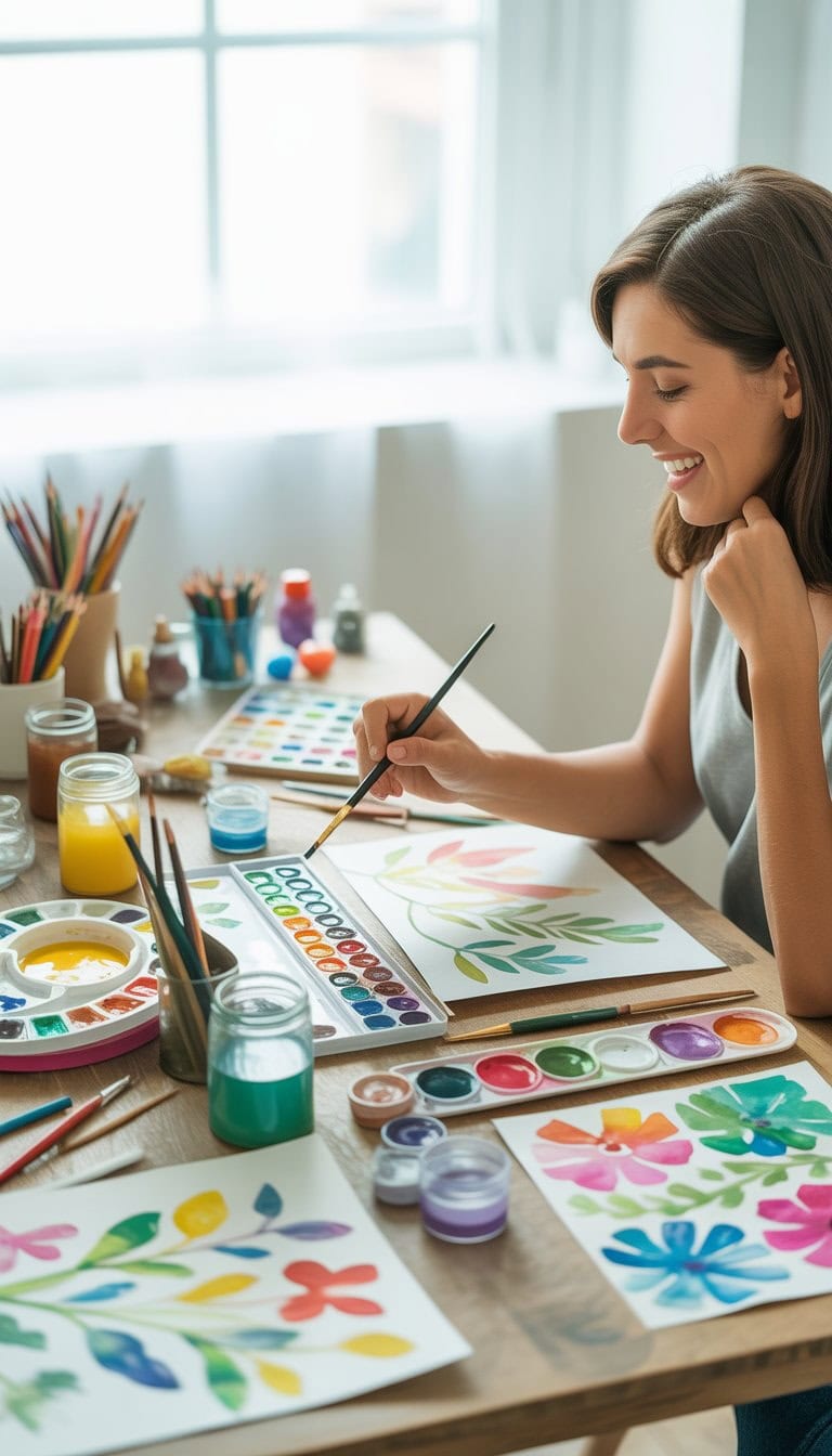 An adult painting with watercolors at a table filled with art supplies, appearing relaxed and focused in a bright, calm workspace.