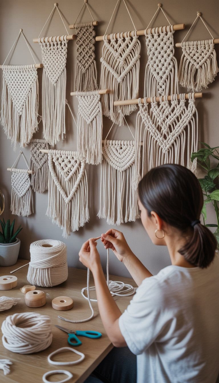 An adult crafting macrame wall hangings with various finished pieces displayed on a wall in a bright, cozy room.